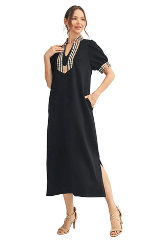 Classic Check Contrast Solid Midi Dress in Black