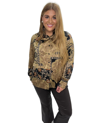 Cleef Shirt in Multi, patterned shirt with gold and black colors and a hint of orange, collar, silky fabric 