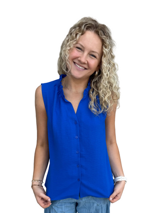 Woman wearing a blue sleeveless shirt 