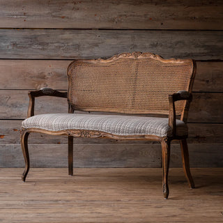 Cochin Settee rattan flower floral wood upholstery gray stripe