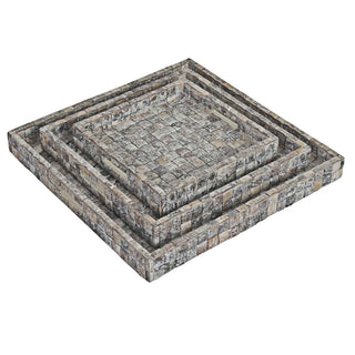 A set of coconut trays in assorted sizes with a gray, silver, and beige tiled design square