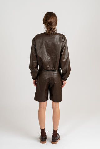 Elle Grey Collarless Faux Leather Jacket in Brown