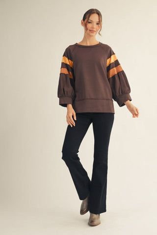 Color-Block Raglan Sleeve Solid Top in Brown