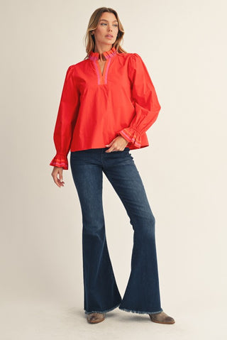 Color-block Accent Solid Top in Red