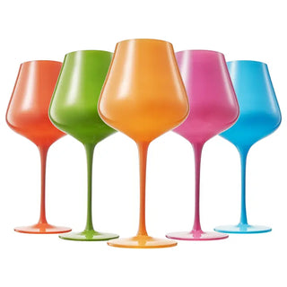 A set of five colorful wine glasses in orange, green, pink, and blue with a large stem design.