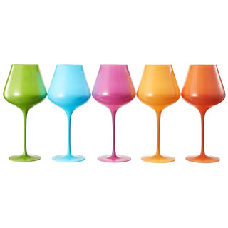 A set of five colorful wine glasses in orange, green, pink, and blue with a large stem design.
