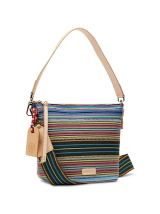 A multicolored striped handbag with a leather shoulder strap and a woven crossbody strap, displayed against a plain background.