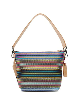 A multicolored striped handbag with a leather shoulder strap and a woven crossbody strap, displayed against a plain background.