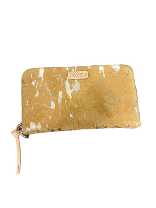 Consuela Beau Essential Wallet
A rectangular zip-around wallet in a distressed mustard yellow finish with white and gray paint splatter details.
