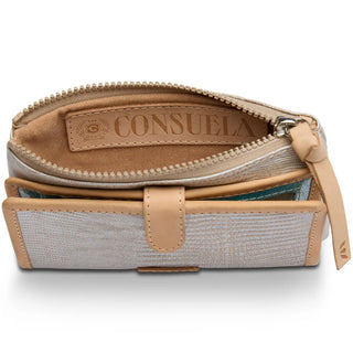 A beige and brown slim wallet with Consuela branding, featuring a snap tab closure, zip side pocket, and multiple card slots.