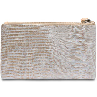 A beige and brown slim wallet with Consuela branding, featuring a snap tab closure, zip side pocket, and multiple card slots.