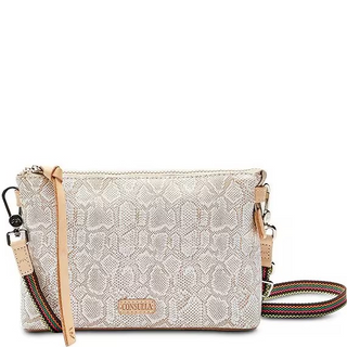 Consuela crossbody purse with gold metallic snakeskin pattern and woven multicolored strap.
