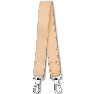 A beige shoulder strap made from natural leather with metal clasps on each end.