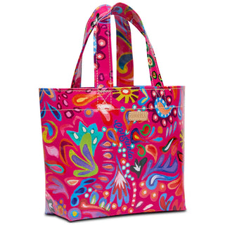 Colorful tote bag with abstract patterns on a white background