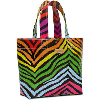 A multicolored striped tote handbag with a leather logo accent on the front.