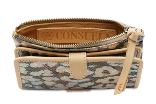 Multicolored cheetah metallic patterned wallet with multiple compartments and snap front