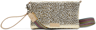 A leopard print crossbody bag with a gold jaguar pattern and a detachable wristlet strap. Consuela Kit Uptown Crossbody