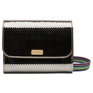 A mirrored crossbody bag with a geometric pattern and a multicolored strap.