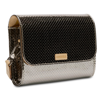 A mirrored crossbody bag with a geometric pattern and a multicolored strap.