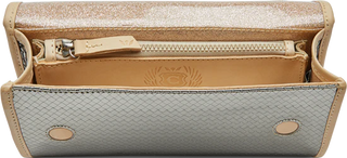 Consuela silver mirrored clutch with natural leather details