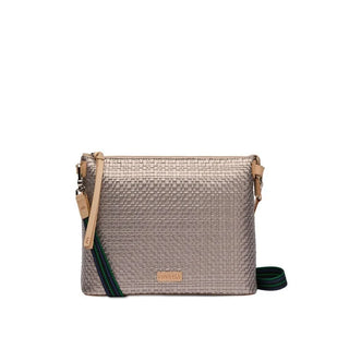 A gray woven crossbody bag with leather trim and an adjustable strap, displayed against a plain background.