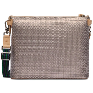 A gray woven crossbody bag with leather trim and an adjustable strap, displayed against a plain background.