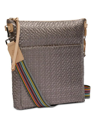 A gray Consuela Lex Tour Crossbody handbag with a geometric pattern, featuring a front slip pocket, side zip pocket, and an adjustable strap.
