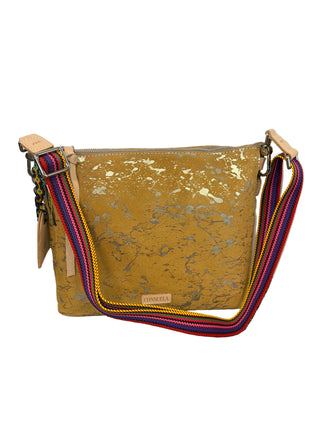 Consuela Marlow Downtown Crossbody
A mustard yellow textured leather shoulder bag with a colorful woven strap featuring red, blue, yellow, and pink stripes.
