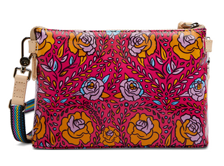 Colorful floral-patterned bag with a strap on a white background