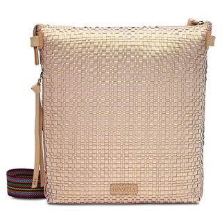 A champagne woven textured leather crossbody bag with a multicolor strap, front slip pocket, and side zip pocket.