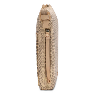 A champagne woven textured leather crossbody bag with a multicolor strap, front slip pocket, and side zip pocket.