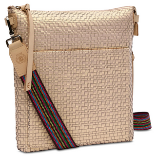 A champagne woven textured leather crossbody bag with a multicolor strap, front slip pocket, and side zip pocket.