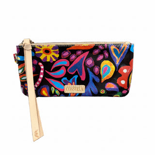 Consuela Sophie Pop Pouch
A colorful patterned zip pouch with a beige wristlet strap. 