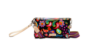 Colorful patterned wristlet with a crossbody strap on a white background