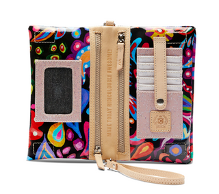 Colorful crossbody wallet with floral pattern and beige strap on a white background