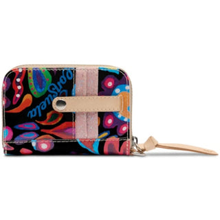 A colorful Consuela Sophie Zippy Wallet with a floral pattern and a zipper closure.