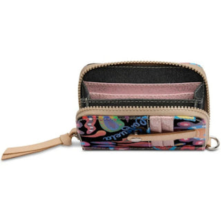 A colorful Consuela Sophie Zippy Wallet with a floral pattern and a zipper closure.
