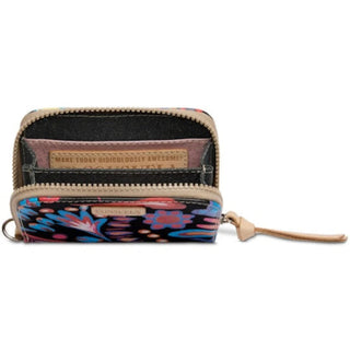 A colorful Consuela Sophie Zippy Wallet with a floral pattern and a zipper closure.