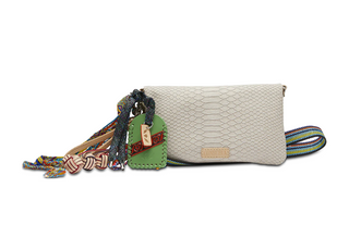 Beige textured crossbody bag with colorful strap on a white background