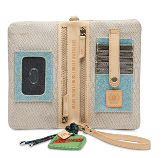 Crossbody wallet with a strap and decorative elements on inside on a white background
