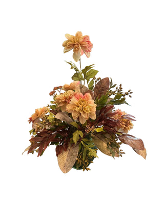 Coral Dahlia Arrangement in Green Vase brown magnolia brown berry foliage eucalyptus bud 