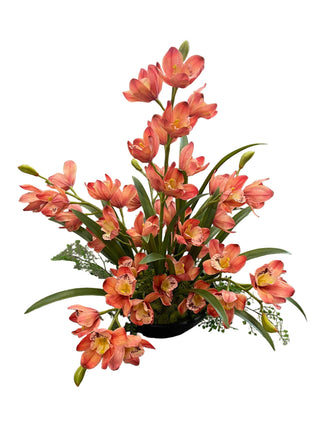 Coral Orchid Arrangement in Black Wood Bowl