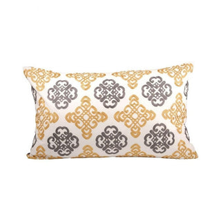 A rectangular lumbar pillow with a geometric pattern featuring beige, gray, and gold colors, and a decorative border. Corely Lumbar Pillow