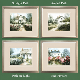 Four framed artworks of a house with a garden, showing different paths and flower colors pink blue green white