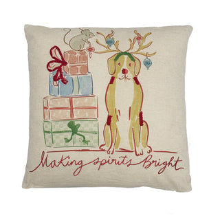 Cotton & Linen Printed Christmas Pillow w/ Dog & Mouse 15"