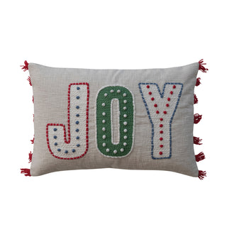 Cotton Lumbar Pillow with Embroidery & Fringe "JOY" red green white ivory cream blue