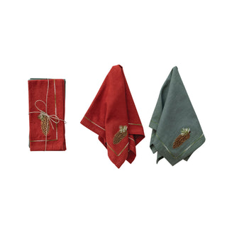 Cotton Napkins with Embroidered Pinecone, Set of 4 red forest green