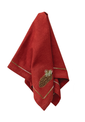 Cotton Napkins with Embroidered Pinecone, Set of 4 red
