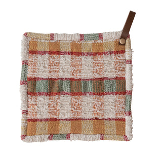 Cotton Slub Plaid Pot Holder with Leather Loop orange red cream green fall autumn