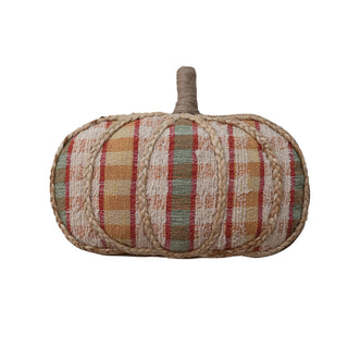 Cotton Slub Plaid Pumpkin Shaped Pillow  Autumn Fall green orange beige rope jute 